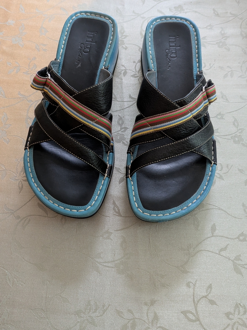 Indigo by Clarks Strappy Slide Sandals in Black with Blue Trim